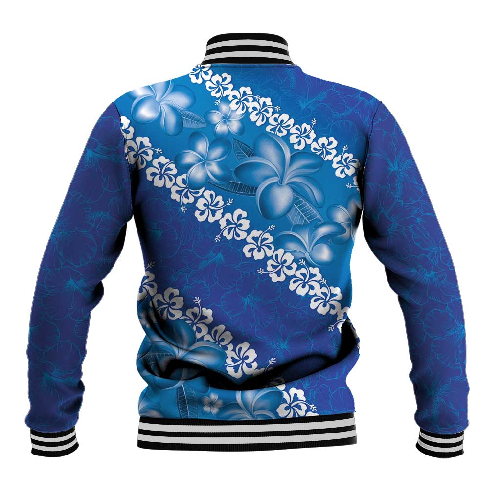 Vintage Blue Polynesia Baseball Jacket Plumeria With Hibiscus Tropical Vibes
