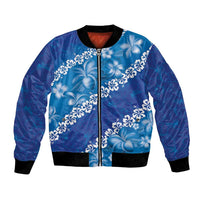 Vintage Blue Polynesia Bomber Jacket Plumeria With Hibiscus Tropical Vibes LT14 Unisex Blue - Polynesian Pride