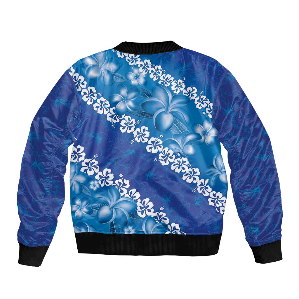 Vintage Blue Polynesia Bomber Jacket Plumeria With Hibiscus Tropical Vibes LT14 - Polynesian Pride
