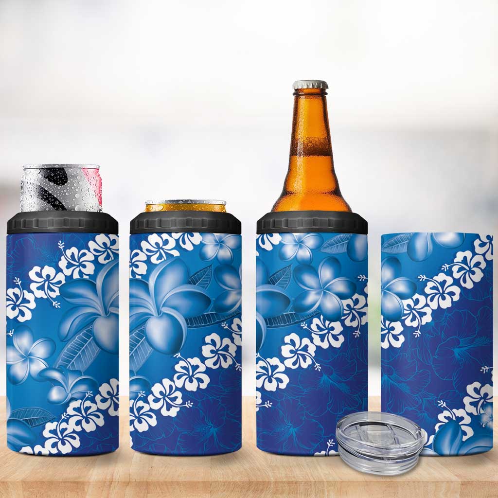 Vintage Blue Polynesia 4 in 1 Can Cooler Tumbler Plumeria With Hibiscus Tropical Vibes