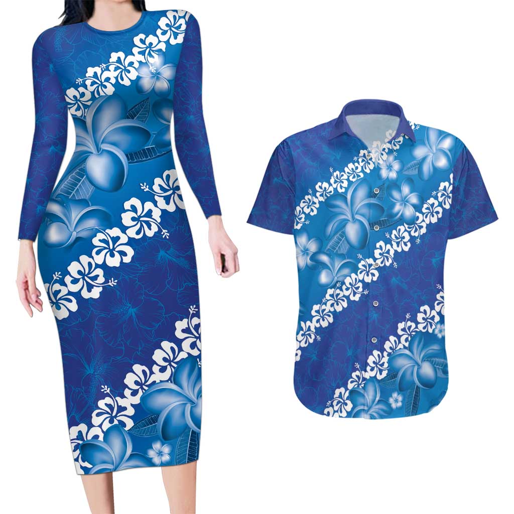 Vintage Blue Polynesia Couples Matching Long Sleeve Bodycon Dress and Hawaiian Shirt Plumeria With Hibiscus Tropical Vibes LT14 Blue - Polynesian Pride