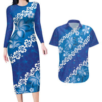 Vintage Blue Polynesia Couples Matching Long Sleeve Bodycon Dress and Hawaiian Shirt Plumeria With Hibiscus Tropical Vibes LT14 Blue - Polynesian Pride