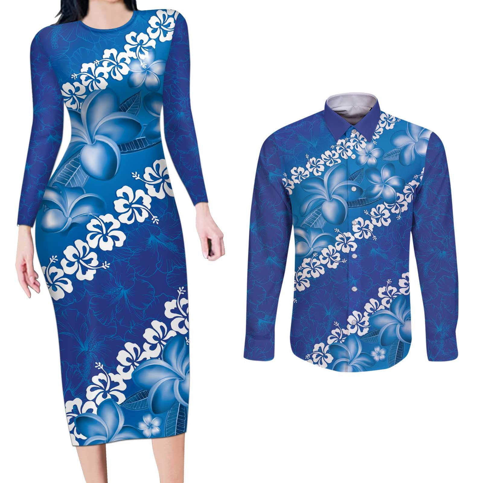 Vintage Blue Polynesia Couples Matching Long Sleeve Bodycon Dress and Long Sleeve Button Shirt Plumeria With Hibiscus Tropical Vibes