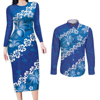Vintage Blue Polynesia Couples Matching Long Sleeve Bodycon Dress and Long Sleeve Button Shirt Plumeria With Hibiscus Tropical Vibes LT14 Blue - Polynesian Pride