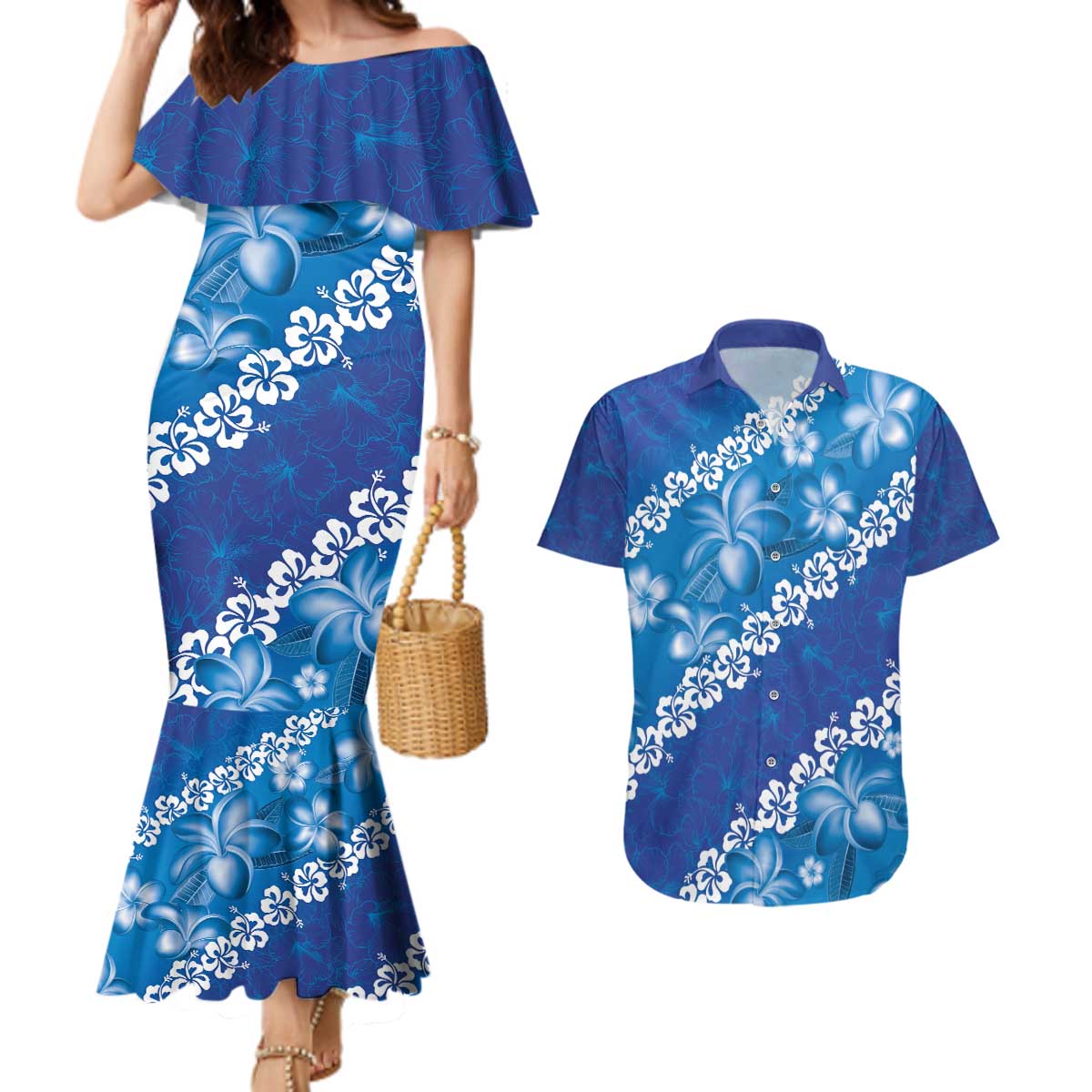 Vintage Blue Polynesia Couples Matching Mermaid Dress and Hawaiian Shirt Plumeria With Hibiscus Tropical Vibes LT14 Blue - Polynesian Pride