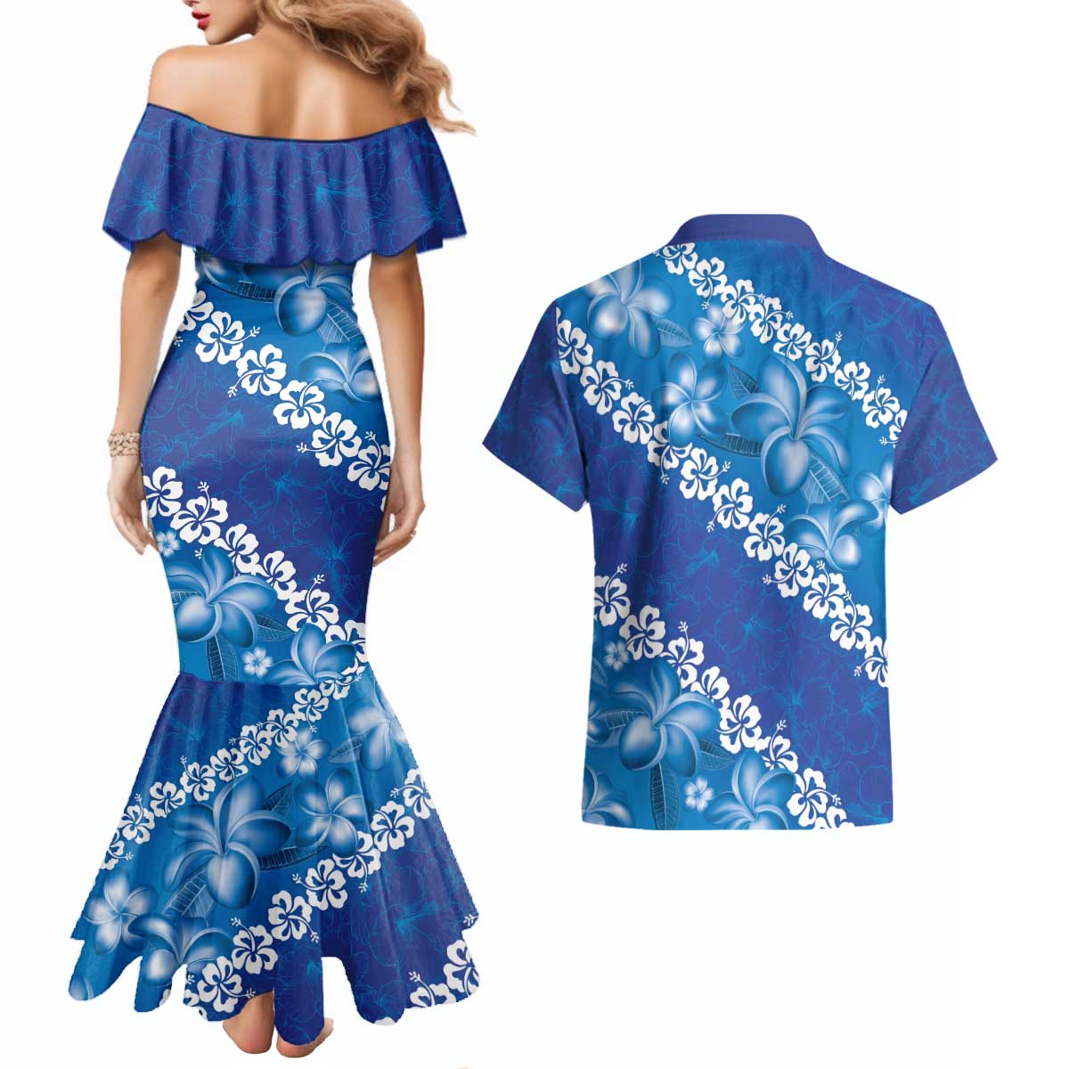 Vintage Blue Polynesia Couples Matching Mermaid Dress and Hawaiian Shirt Plumeria With Hibiscus Tropical Vibes LT14 - Polynesian Pride