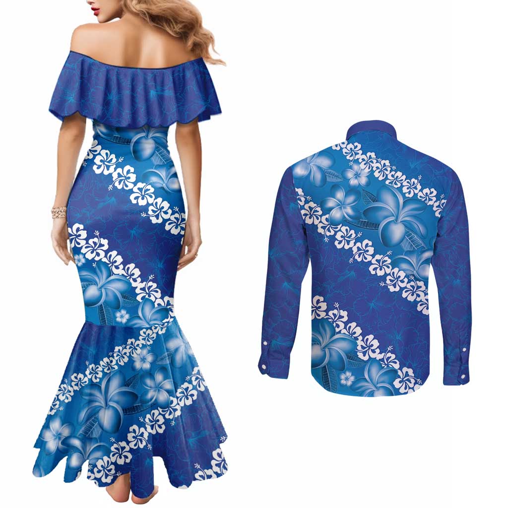 Vintage Blue Polynesia Couples Matching Mermaid Dress and Long Sleeve Button Shirt Plumeria With Hibiscus Tropical Vibes LT14 - Polynesian Pride