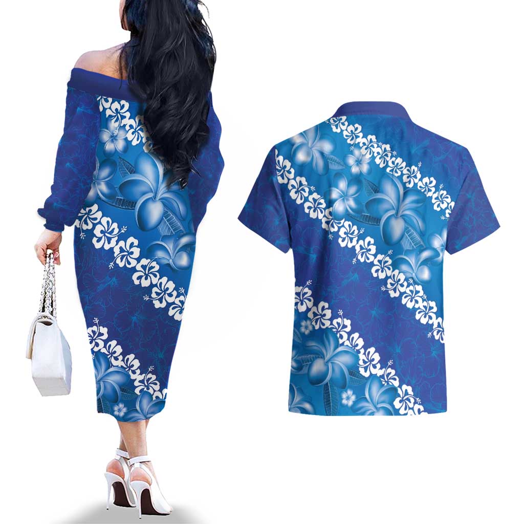 Vintage Blue Polynesia Couples Matching Off The Shoulder Long Sleeve Dress and Hawaiian Shirt Plumeria With Hibiscus Tropical Vibes LT14 - Polynesian Pride