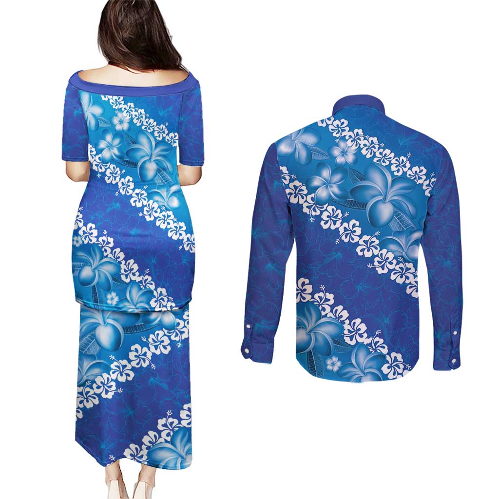 Vintage Blue Polynesia Couples Matching Puletasi and Long Sleeve Button Shirt Plumeria With Hibiscus Tropical Vibes
