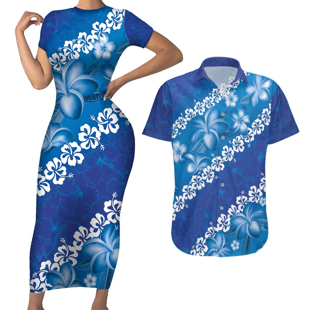 Vintage Blue Polynesia Couples Matching Short Sleeve Bodycon Dress and Hawaiian Shirt Plumeria With Hibiscus Tropical Vibes LT14 Blue - Polynesian Pride