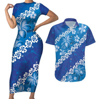 Vintage Blue Polynesia Couples Matching Short Sleeve Bodycon Dress and Hawaiian Shirt Plumeria With Hibiscus Tropical Vibes LT14 Blue - Polynesian Pride