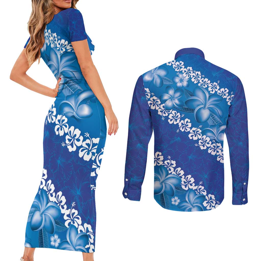 Vintage Blue Polynesia Couples Matching Short Sleeve Bodycon Dress and Long Sleeve Button Shirt Plumeria With Hibiscus Tropical Vibes LT14 - Polynesian Pride