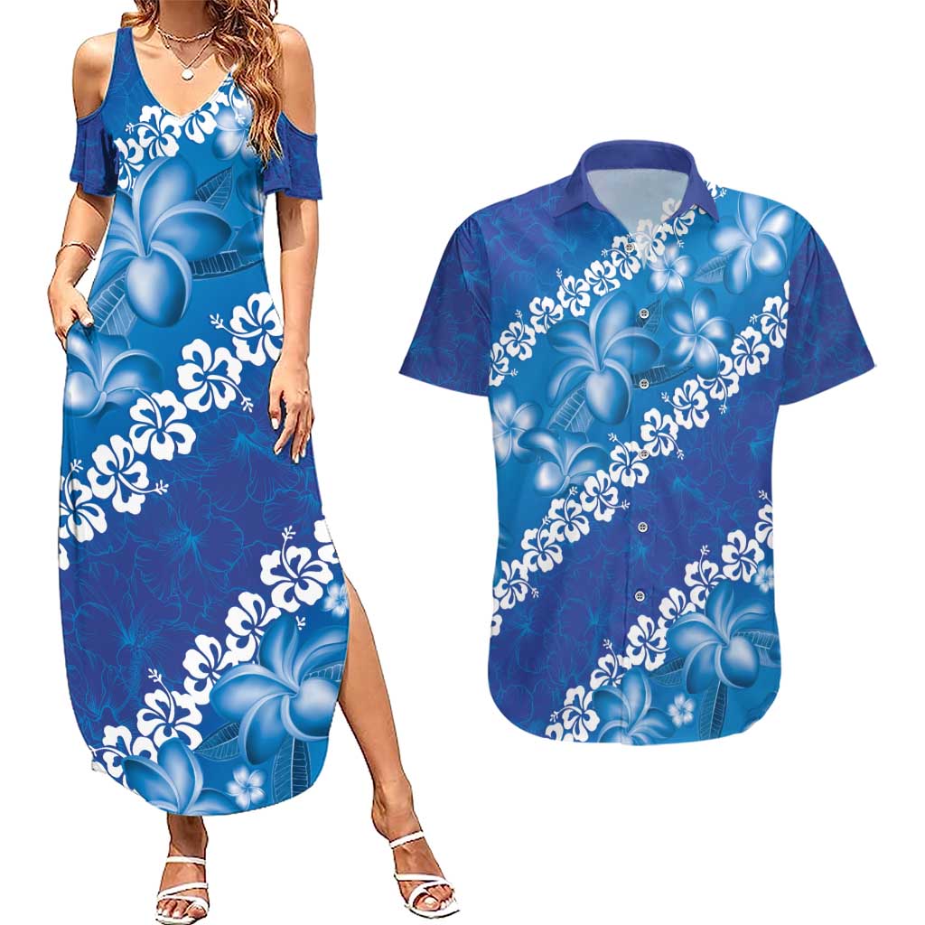 Vintage Blue Polynesia Couples Matching Summer Maxi Dress and Hawaiian Shirt Plumeria With Hibiscus Tropical Vibes LT14 Blue - Polynesian Pride