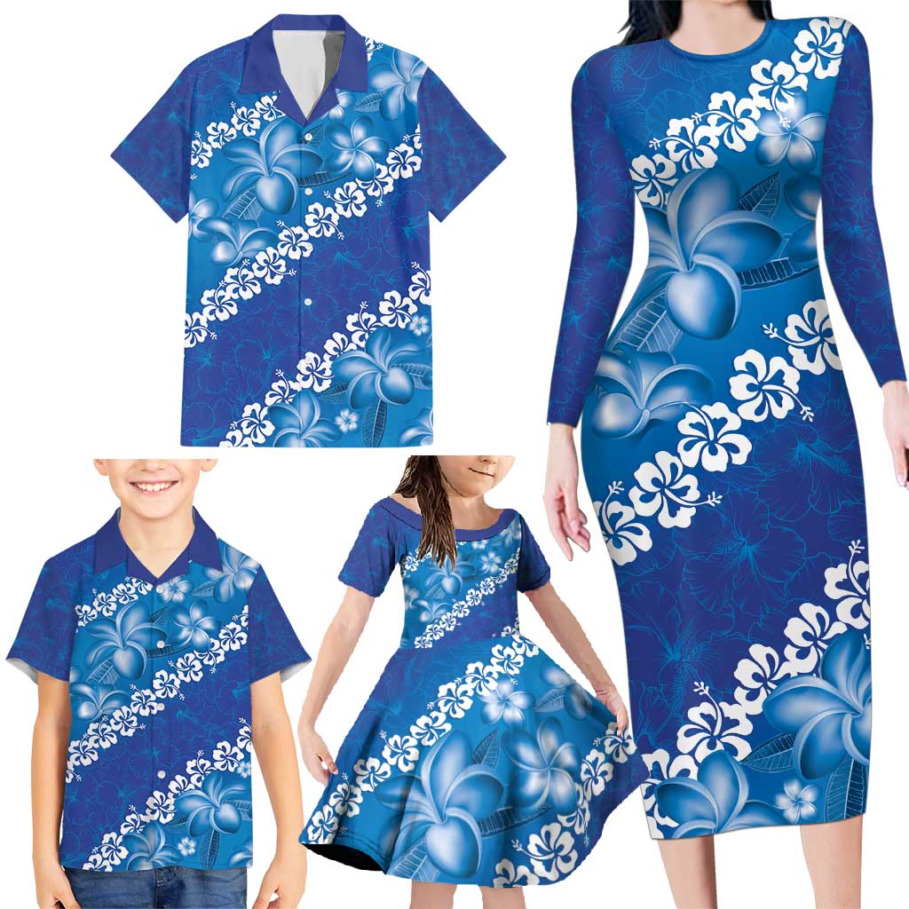 Vintage Blue Polynesia Family Matching Long Sleeve Bodycon Dress and Hawaiian Shirt Plumeria With Hibiscus Tropical Vibes LT14 - Polynesian Pride