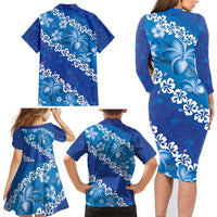 Vintage Blue Polynesia Family Matching Long Sleeve Bodycon Dress and Hawaiian Shirt Plumeria With Hibiscus Tropical Vibes LT14 - Polynesian Pride