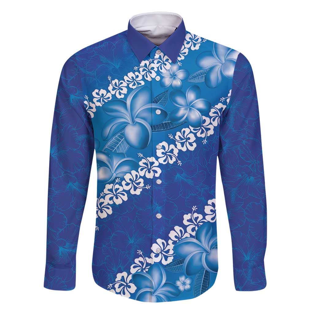 Vintage Blue Polynesia Family Matching Long Sleeve Bodycon Dress and Hawaiian Shirt Plumeria With Hibiscus Tropical Vibes LT14 Dad's Shirt - Long Sleeve Blue - Polynesian Pride
