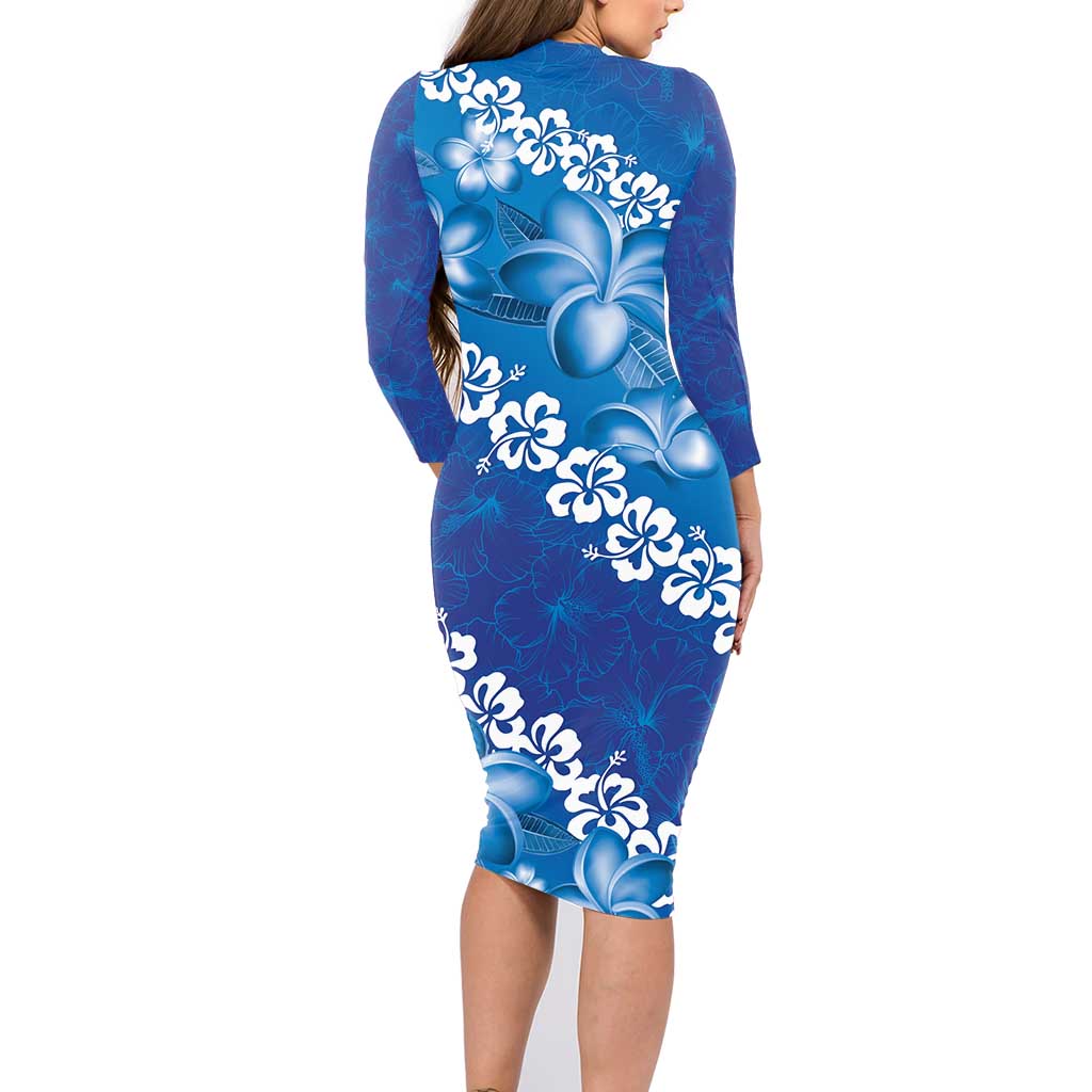 Vintage Blue Polynesia Family Matching Long Sleeve Bodycon Dress and Hawaiian Shirt Plumeria With Hibiscus Tropical Vibes LT14 - Polynesian Pride