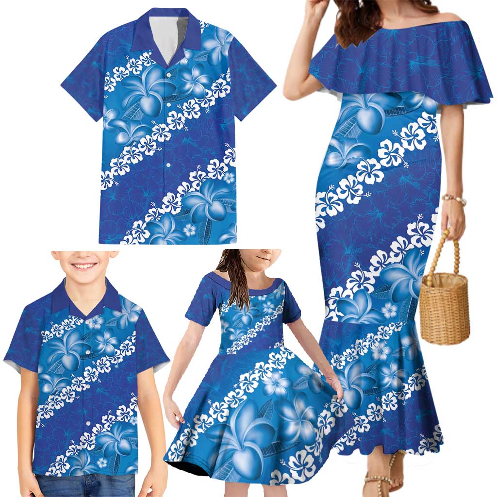 Vintage Blue Polynesia Family Matching Mermaid Dress and Hawaiian Shirt Plumeria With Hibiscus Tropical Vibes LT14 - Polynesian Pride