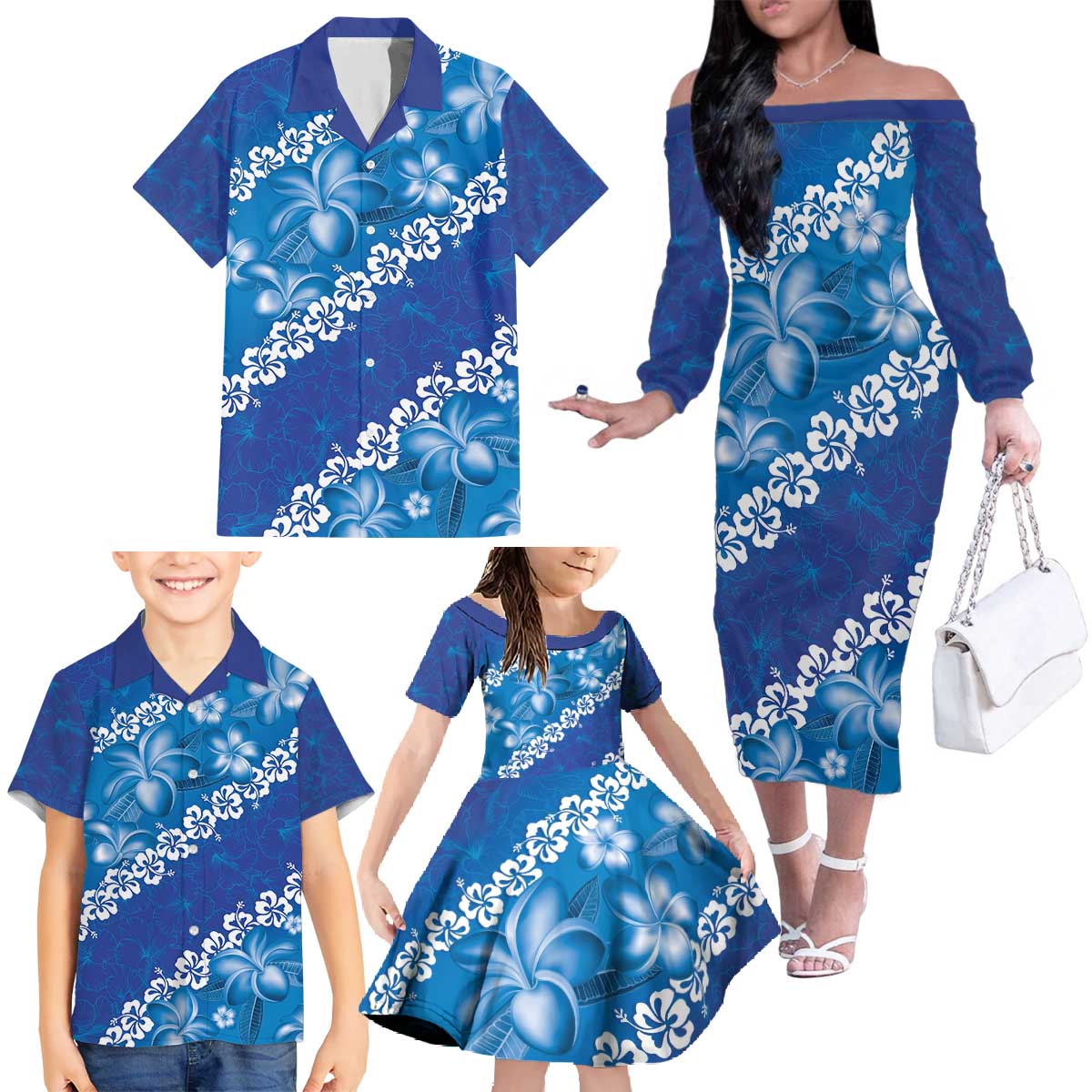 Vintage Blue Polynesia Family Matching Off The Shoulder Long Sleeve Dress and Hawaiian Shirt Plumeria With Hibiscus Tropical Vibes LT14 - Polynesian Pride