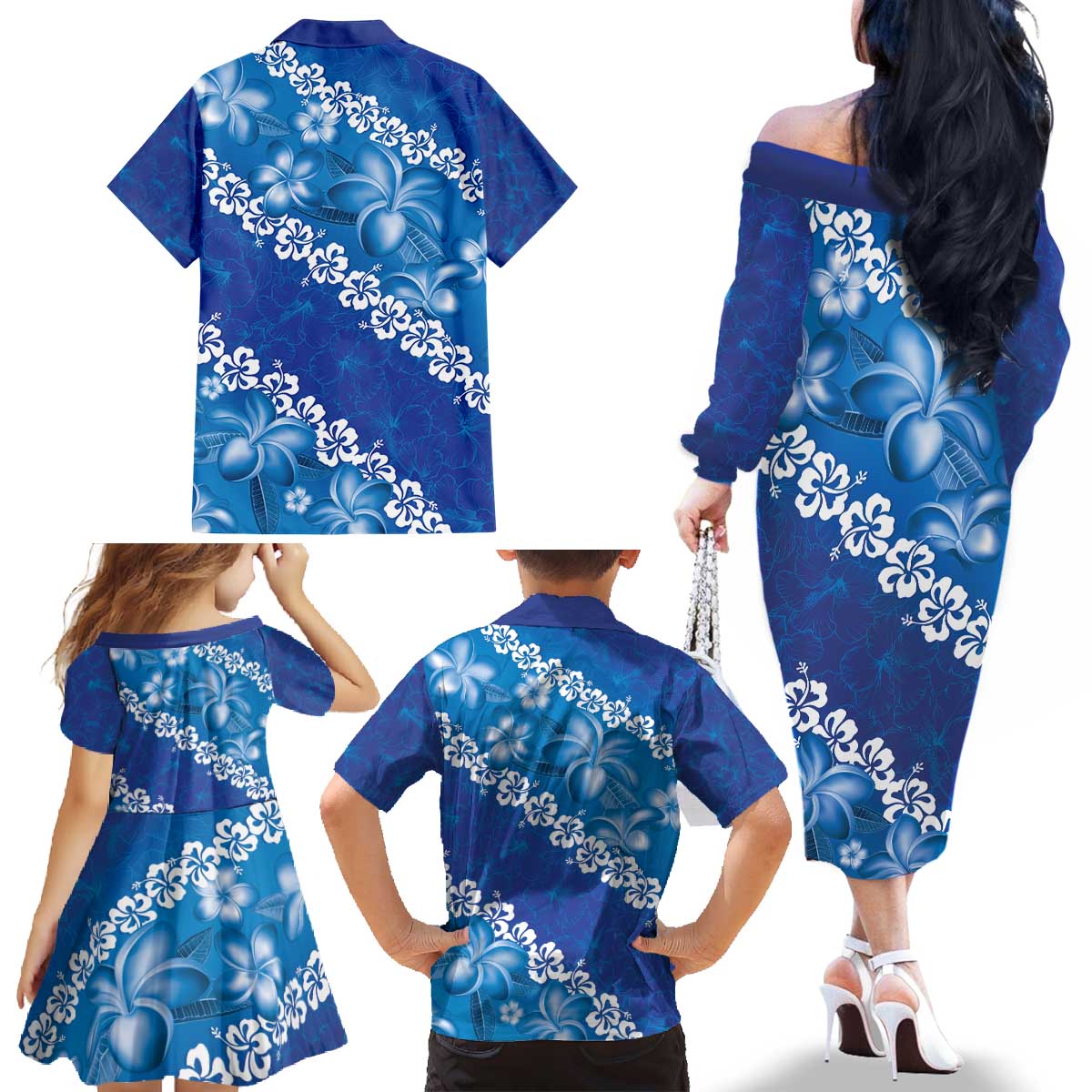 Vintage Blue Polynesia Family Matching Off The Shoulder Long Sleeve Dress and Hawaiian Shirt Plumeria With Hibiscus Tropical Vibes LT14 - Polynesian Pride