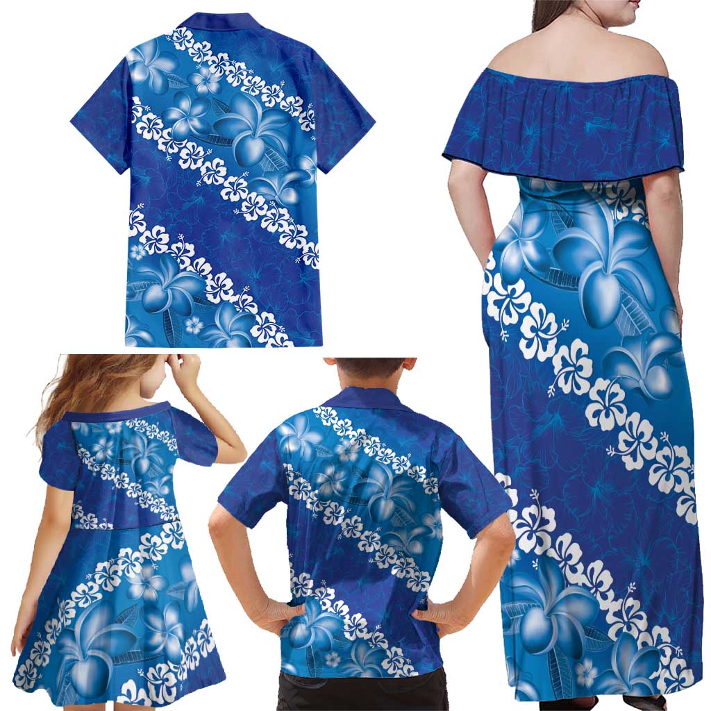 Vintage Blue Polynesia Family Matching Off Shoulder Maxi Dress and Hawaiian Shirt Plumeria With Hibiscus Tropical Vibes LT14 - Polynesian Pride