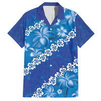 Vintage Blue Polynesia Family Matching Off Shoulder Maxi Dress and Hawaiian Shirt Plumeria With Hibiscus Tropical Vibes LT14 Dad's Shirt - Short Sleeve Blue - Polynesian Pride