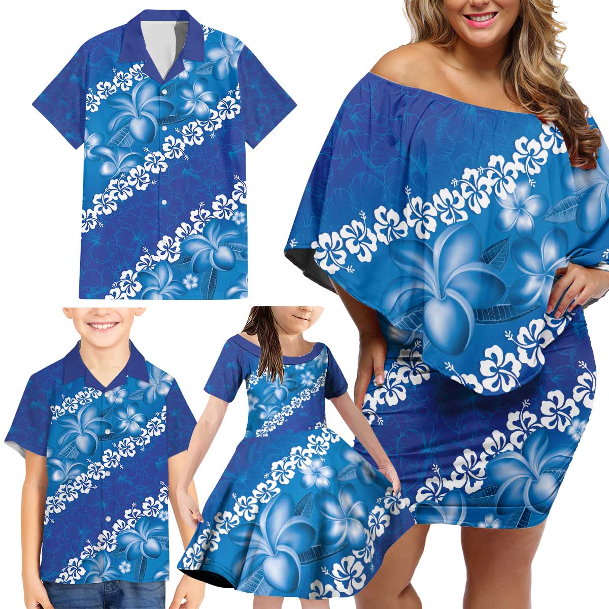 Vintage Blue Polynesia Family Matching Off Shoulder Short Dress and Hawaiian Shirt Plumeria With Hibiscus Tropical Vibes LT14 - Polynesian Pride