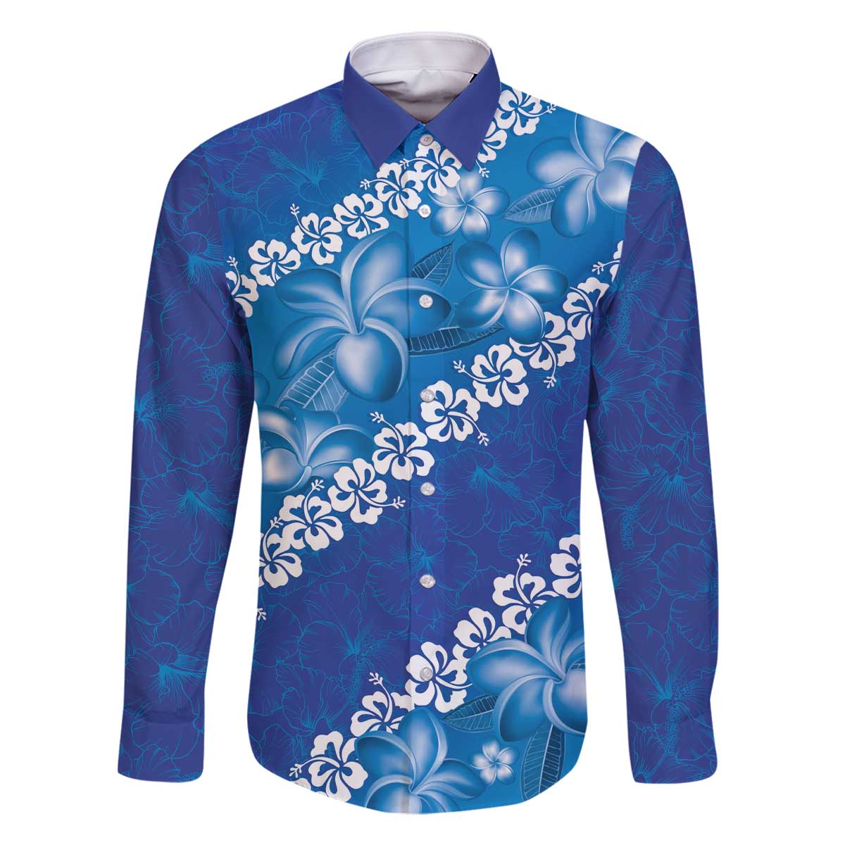 Vintage Blue Polynesia Family Matching Off Shoulder Short Dress and Hawaiian Shirt Plumeria With Hibiscus Tropical Vibes LT14 Dad's Shirt - Long Sleeve Blue - Polynesian Pride