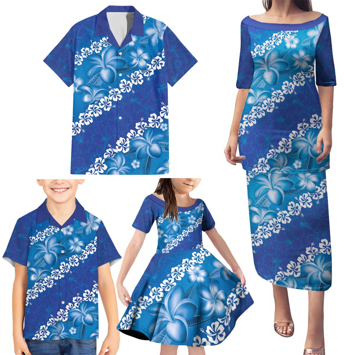 Vintage Blue Polynesia Family Matching Puletasi and Hawaiian Shirt Plumeria With Hibiscus Tropical Vibes LT14 - Polynesian Pride