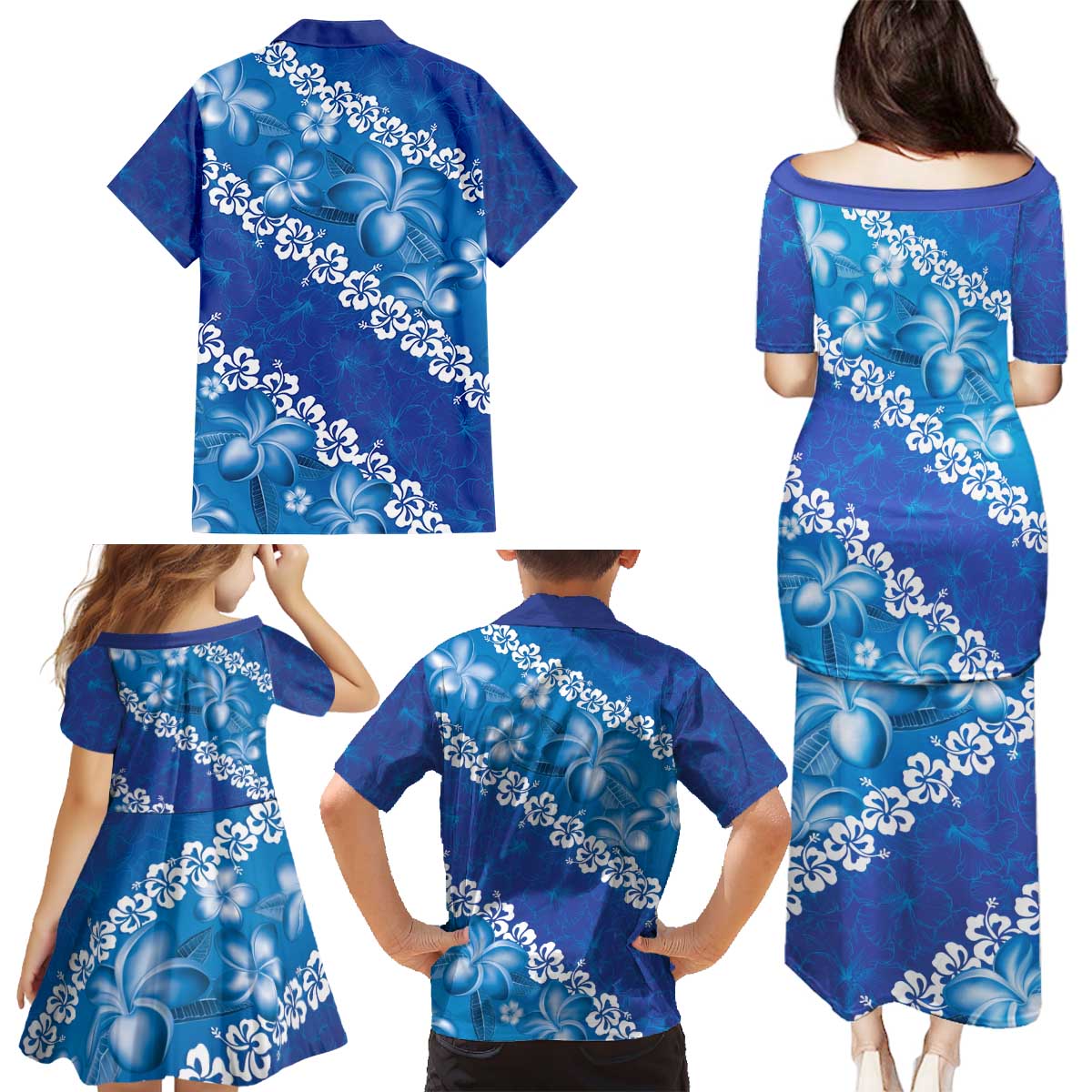 Vintage Blue Polynesia Family Matching Puletasi and Hawaiian Shirt Plumeria With Hibiscus Tropical Vibes LT14 - Polynesian Pride