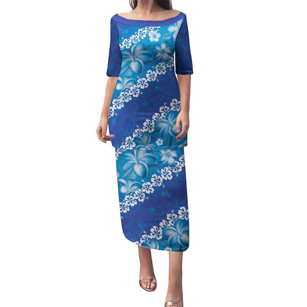 Vintage Blue Polynesia Family Matching Puletasi and Hawaiian Shirt Plumeria With Hibiscus Tropical Vibes LT14 Mom's Dress Blue - Polynesian Pride