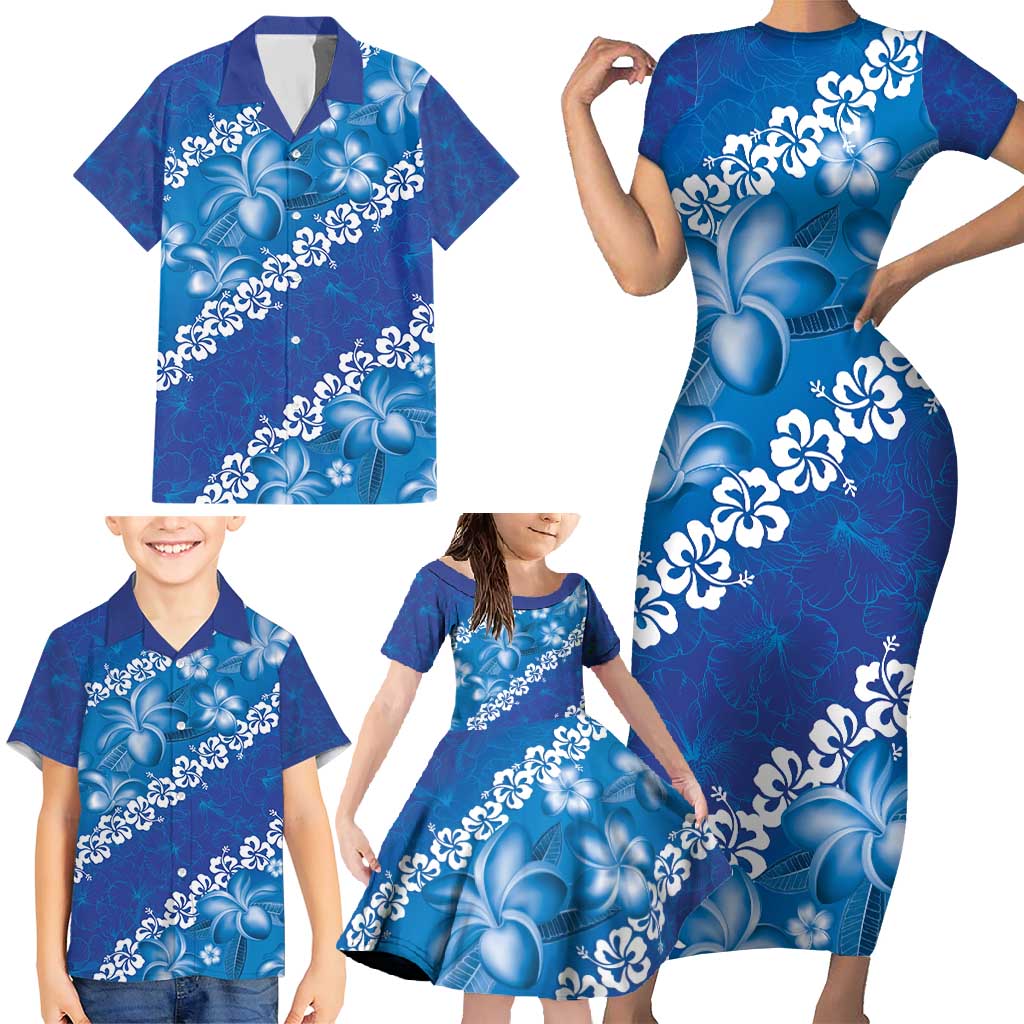 Vintage Blue Polynesia Family Matching Short Sleeve Bodycon Dress and Hawaiian Shirt Plumeria With Hibiscus Tropical Vibes LT14 - Polynesian Pride