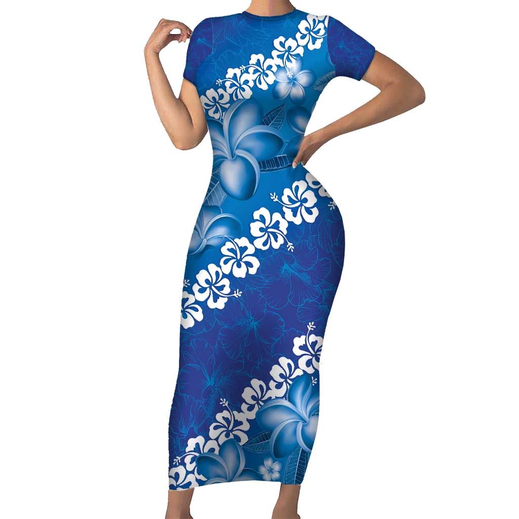 Vintage Blue Polynesia Family Matching Short Sleeve Bodycon Dress and Hawaiian Shirt Plumeria With Hibiscus Tropical Vibes LT14 Mom's Dress Blue - Polynesian Pride
