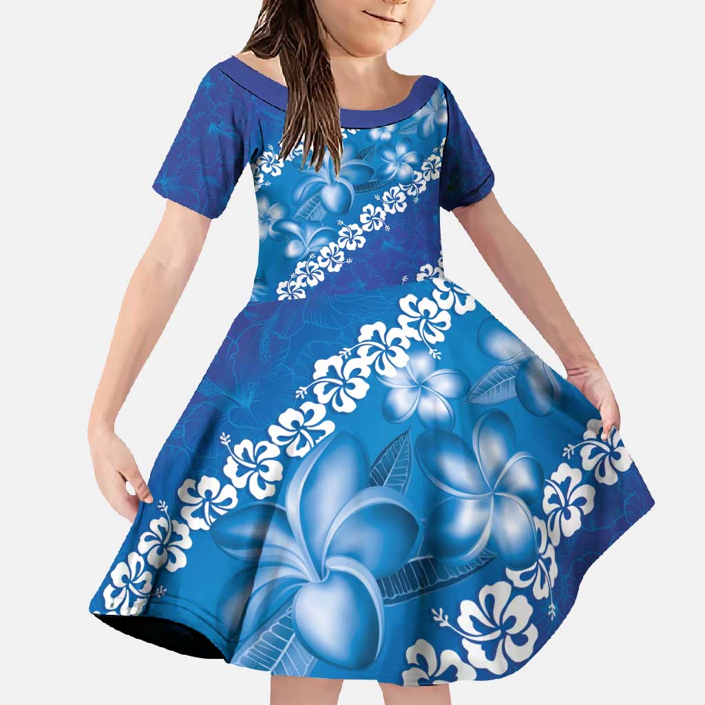 Vintage Blue Polynesia Family Matching Summer Maxi Dress and Hawaiian Shirt Plumeria With Hibiscus Tropical Vibes LT14 Daughter's Dress Blue - Polynesian Pride