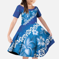 Vintage Blue Polynesia Family Matching Summer Maxi Dress and Hawaiian Shirt Plumeria With Hibiscus Tropical Vibes LT14 Daughter's Dress Blue - Polynesian Pride