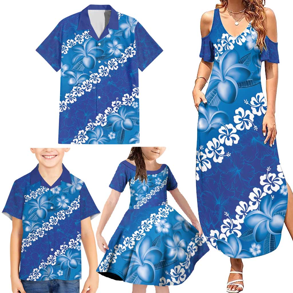 Vintage Blue Polynesia Family Matching Summer Maxi Dress and Hawaiian Shirt Plumeria With Hibiscus Tropical Vibes LT14 - Polynesian Pride