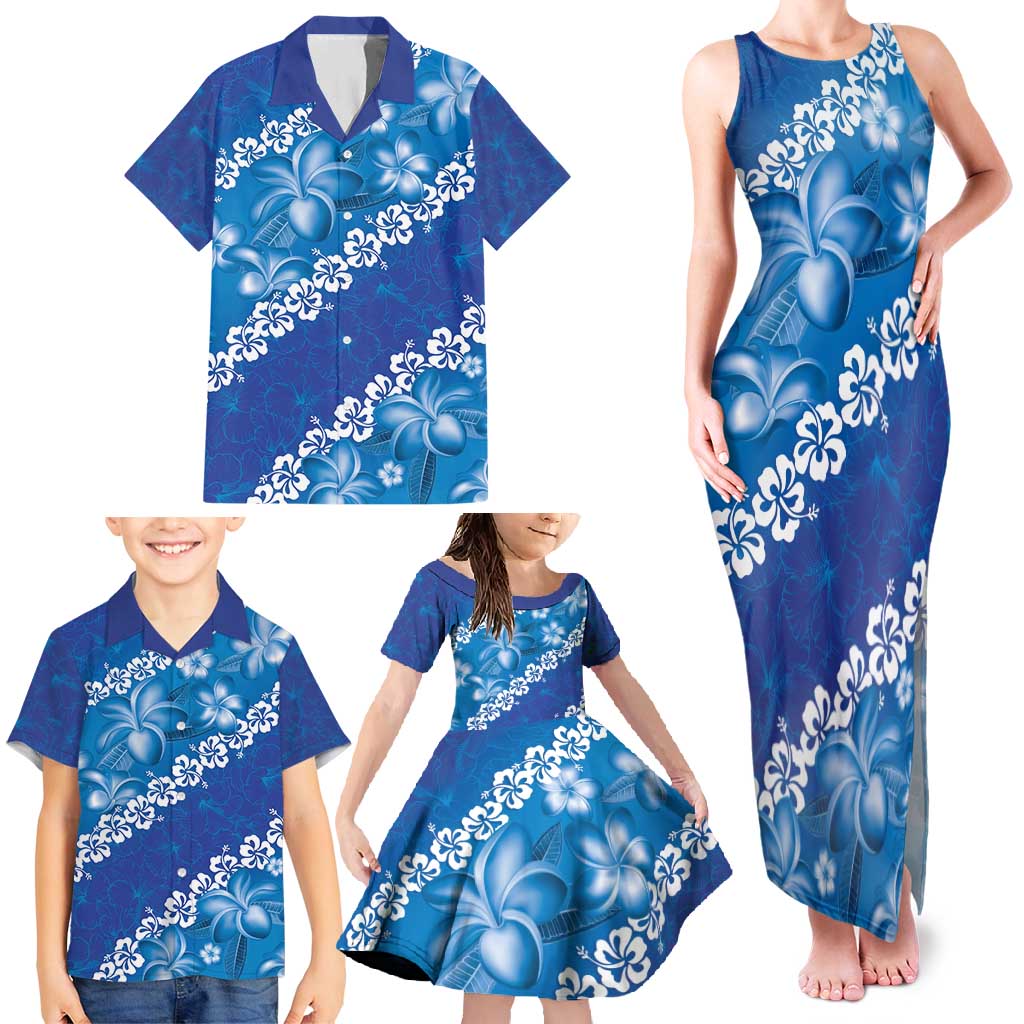 Vintage Blue Polynesia Family Matching Tank Maxi Dress and Hawaiian Shirt Plumeria With Hibiscus Tropical Vibes LT14 - Polynesian Pride