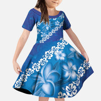 Vintage Blue Polynesia Kid Short Sleeve Dress Plumeria With Hibiscus Tropical Vibes