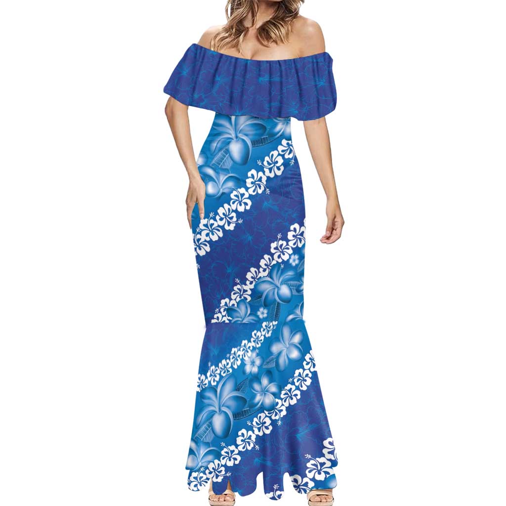 Vintage Blue Polynesia Mermaid Dress Plumeria With Hibiscus Tropical Vibes
