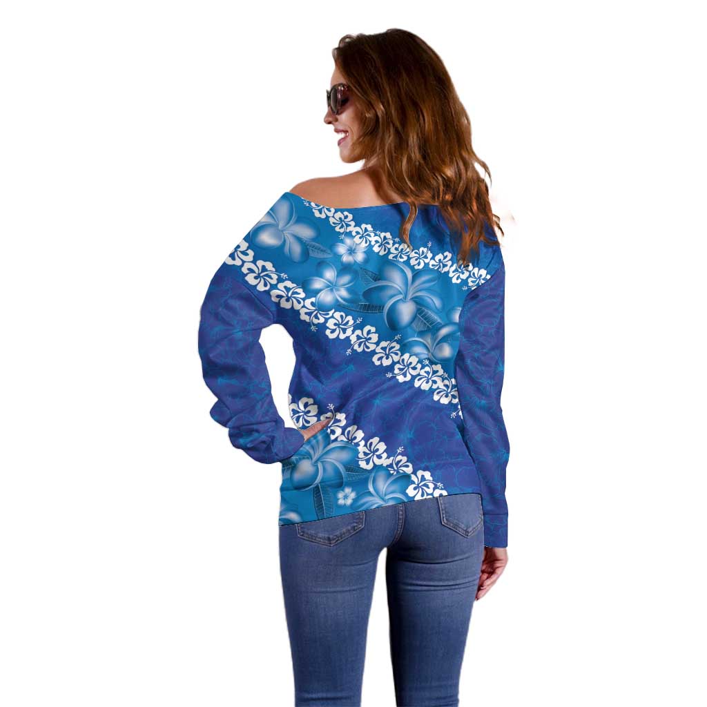 Vintage Blue Polynesia Off Shoulder Sweater Plumeria With Hibiscus Tropical Vibes