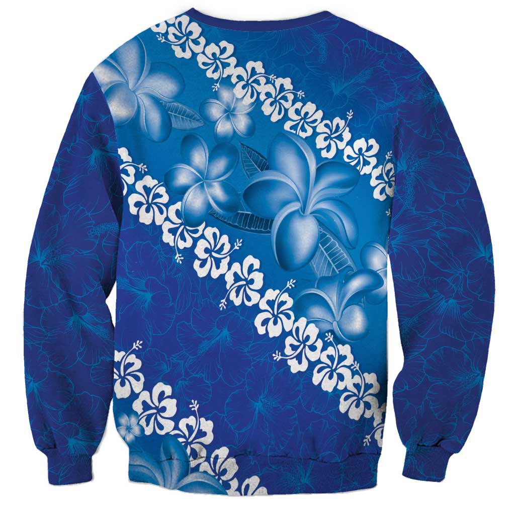 Vintage Blue Polynesia Sweatshirt Plumeria With Hibiscus Tropical Vibes