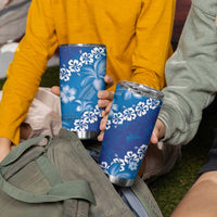 Vintage Blue Polynesia Tumbler Cup Plumeria With Hibiscus Tropical Vibes