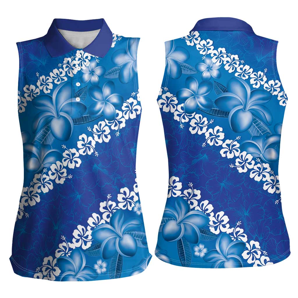 Vintage Blue Polynesia Women Sleeveless Polo Shirt Plumeria With Hibiscus Tropical Vibes LT14 - Polynesian Pride