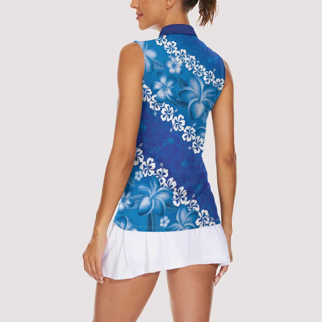 Vintage Blue Polynesia Women Sleeveless Polo Shirt Plumeria With Hibiscus Tropical Vibes LT14 - Polynesian Pride