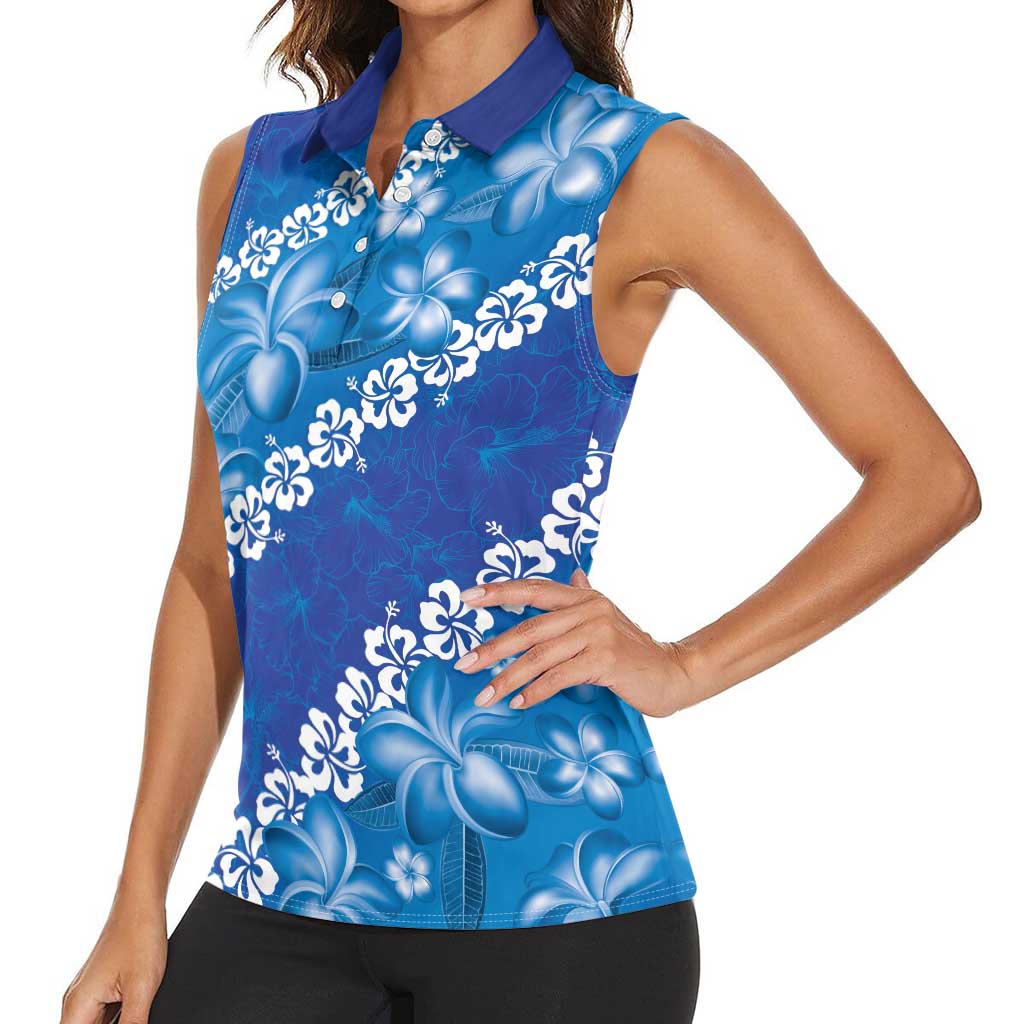 Vintage Blue Polynesia Women Sleeveless Polo Shirt Plumeria With Hibiscus Tropical Vibes LT14 - Polynesian Pride