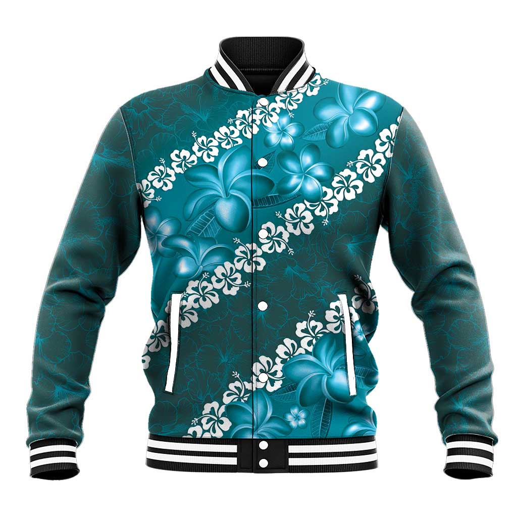 Vintage Dark Cyan Polynesia Baseball Jacket Plumeria With Hibiscus Tropical Vibes