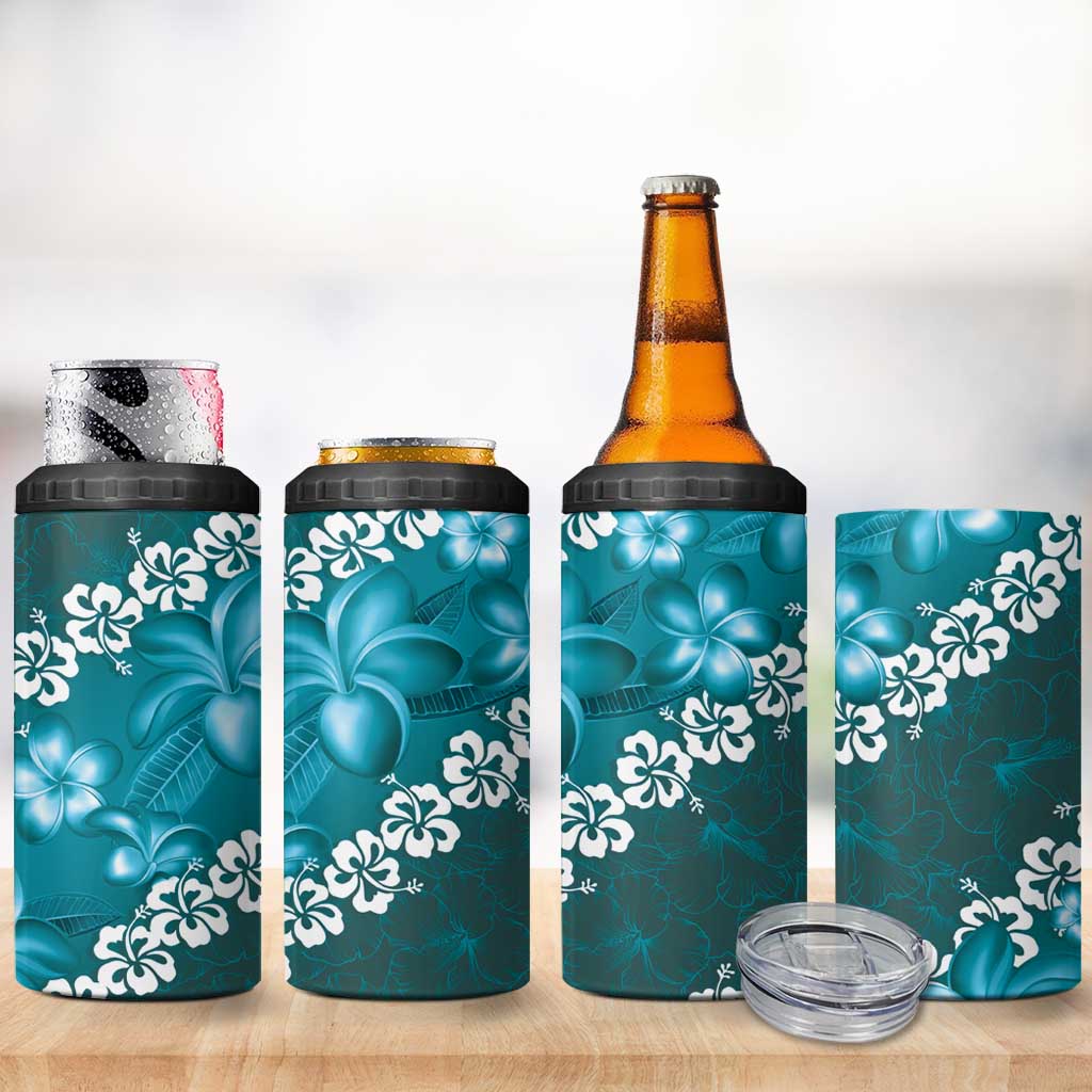 Vintage Dark Cyan Polynesia 4 in 1 Can Cooler Tumbler Plumeria With Hibiscus Tropical Vibes LT14 - Polynesian Pride