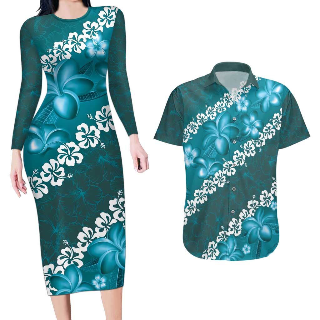 Vintage Dark Cyan Polynesia Couples Matching Long Sleeve Bodycon Dress and Hawaiian Shirt Plumeria With Hibiscus Tropical Vibes LT14 Dark Cyan - Polynesian Pride