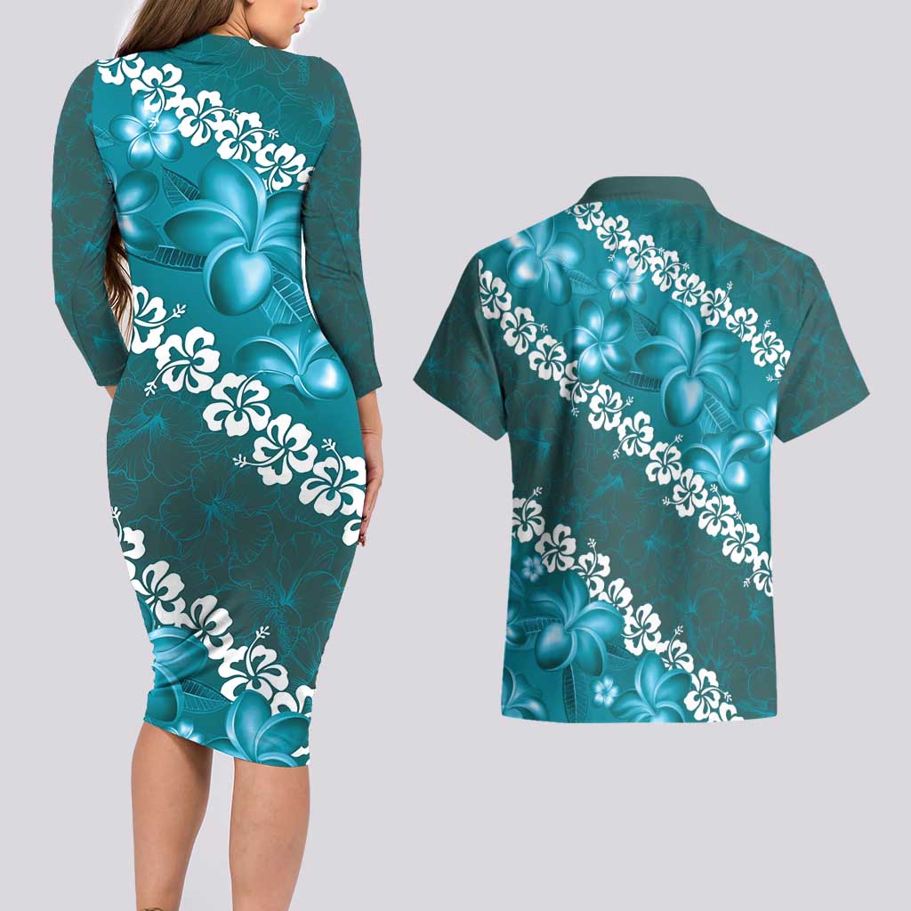 Vintage Dark Cyan Polynesia Couples Matching Long Sleeve Bodycon Dress and Hawaiian Shirt Plumeria With Hibiscus Tropical Vibes LT14 - Polynesian Pride