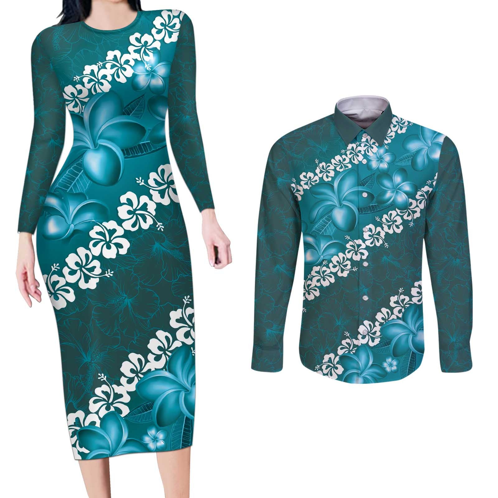 Vintage Dark Cyan Polynesia Couples Matching Long Sleeve Bodycon Dress and Long Sleeve Button Shirt Plumeria With Hibiscus Tropical Vibes